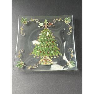 Handcrafted Glass Christmas Trinket Dish Handpainted Signed Cottagecore Holiday